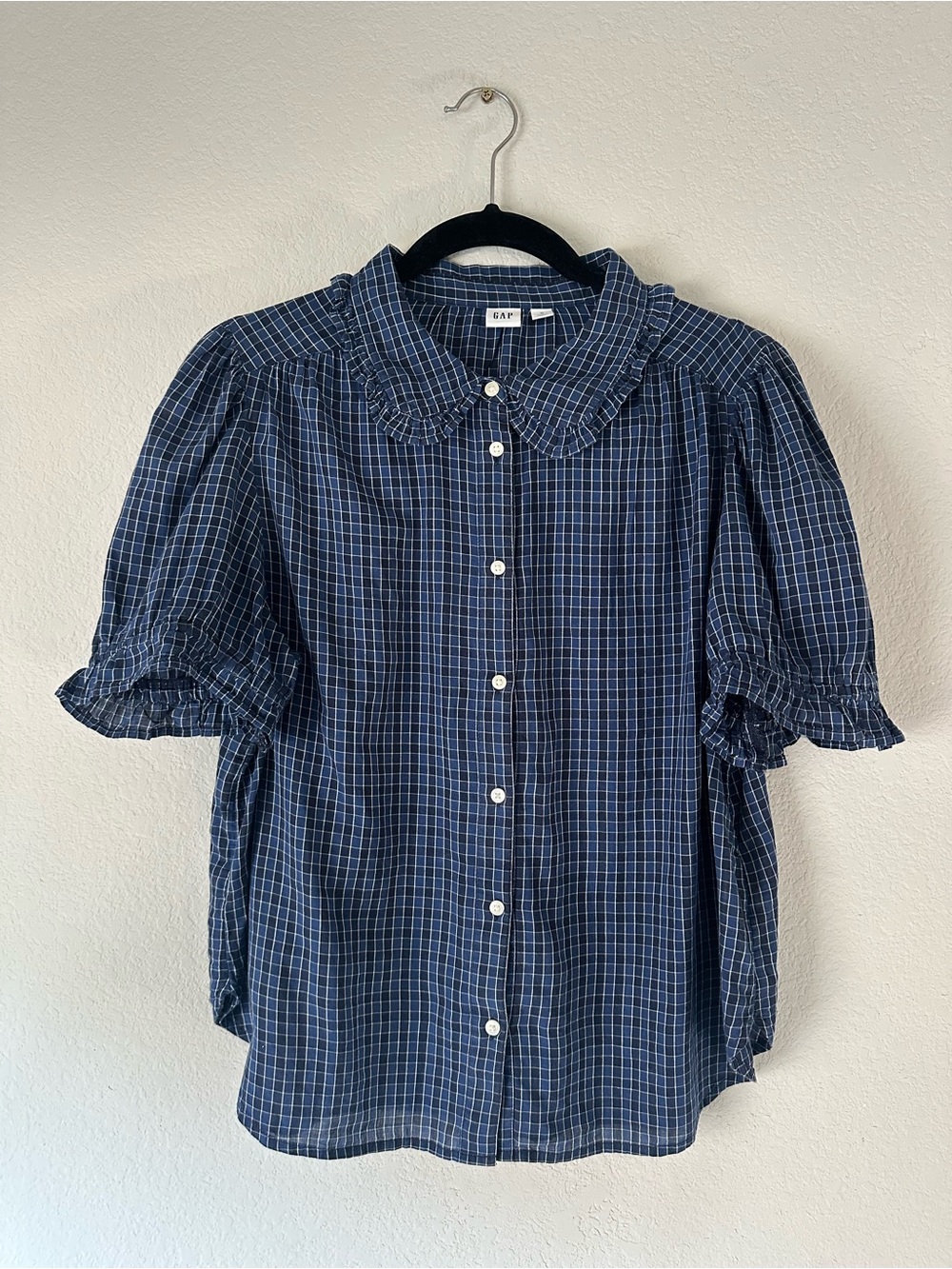 GAP Blue  Check Puff Sleeve Button-Down Shirt size Medium EUC